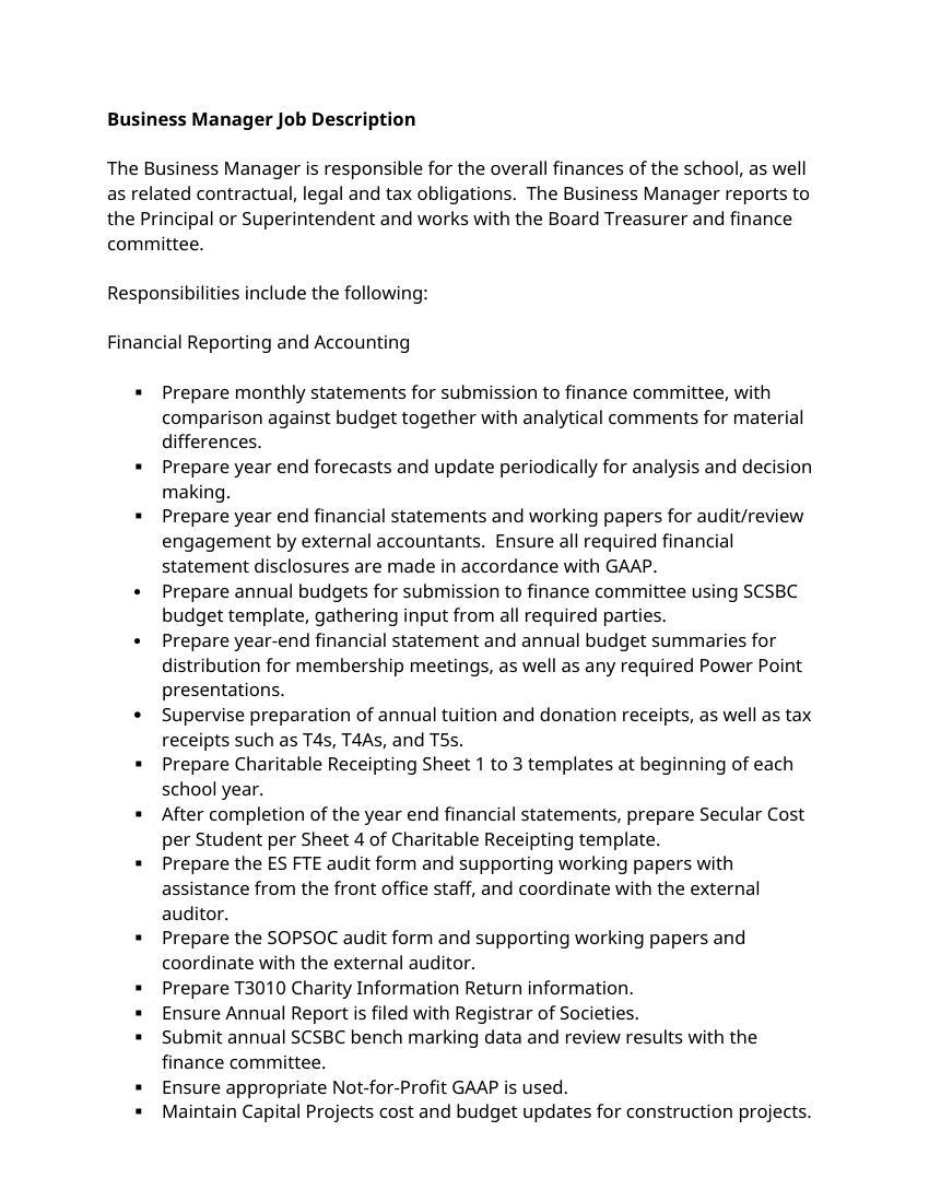 Sample Business Manager Job Description
